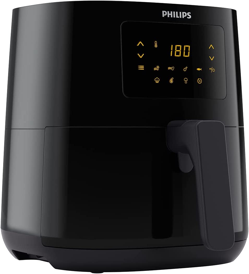 Philips Airfryer XL HD9270/90 noir sur fond blanc, vue trois quarts, écran tactile numérique aux préréglages orange et tiroir fermé