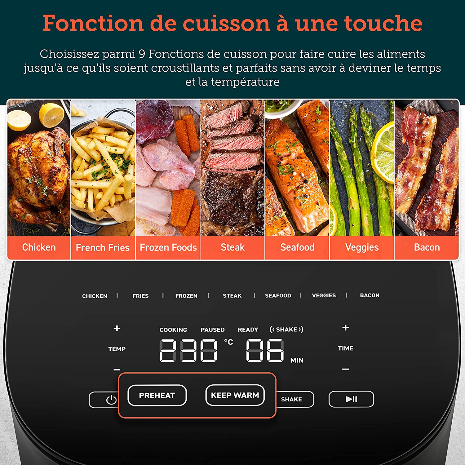 Bandeau de commande du Cosori CAF-L501 avec ses préréglages poulet, frites, surgelés, steak, poisson, légumes et bacon, boutons préchauffage et maintien au chaud