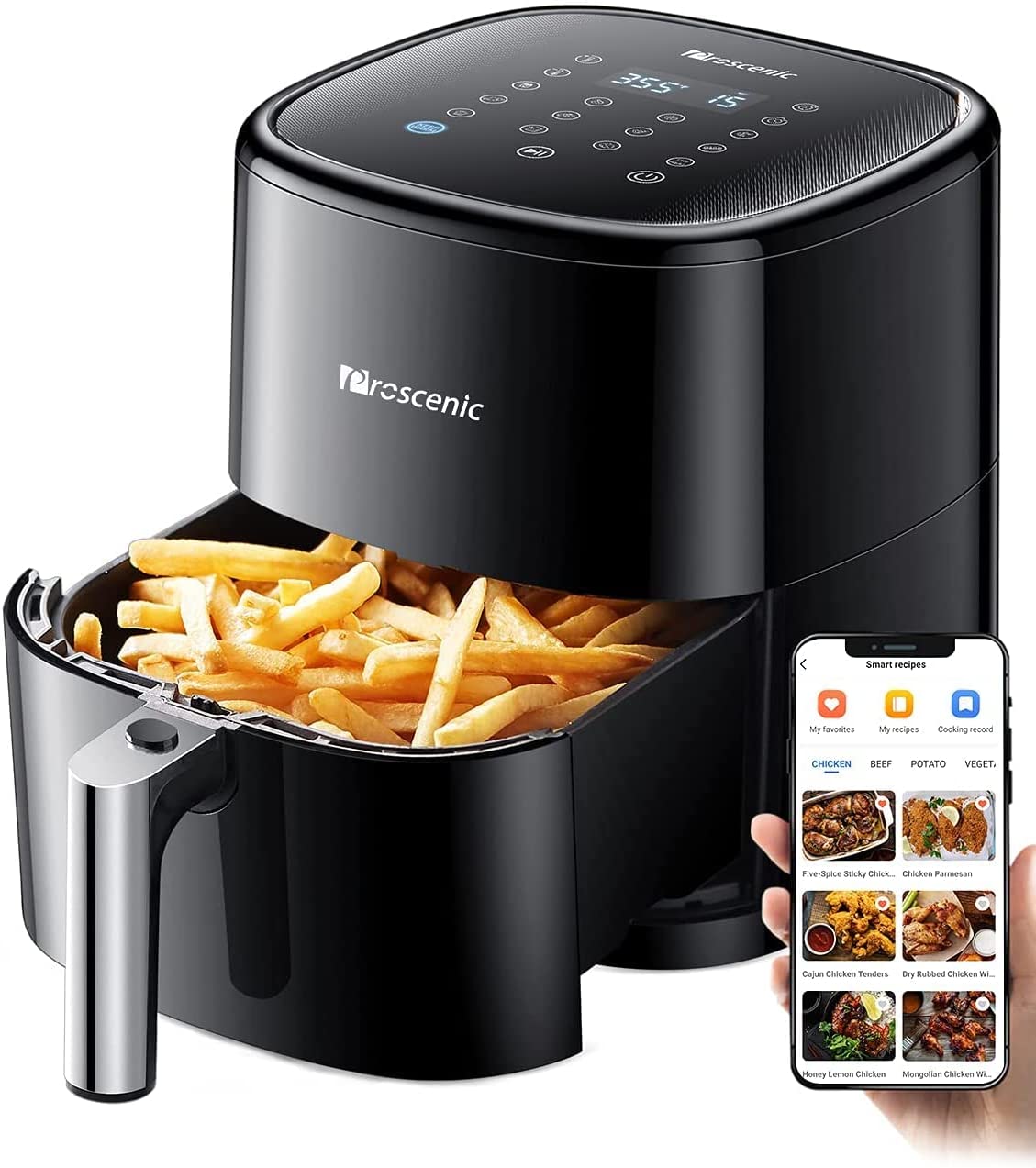 Proscenic T22 noir sur fond blanc, format carré de 5 litres avec panier à poignée et écran LED tactile visible sur le dessus