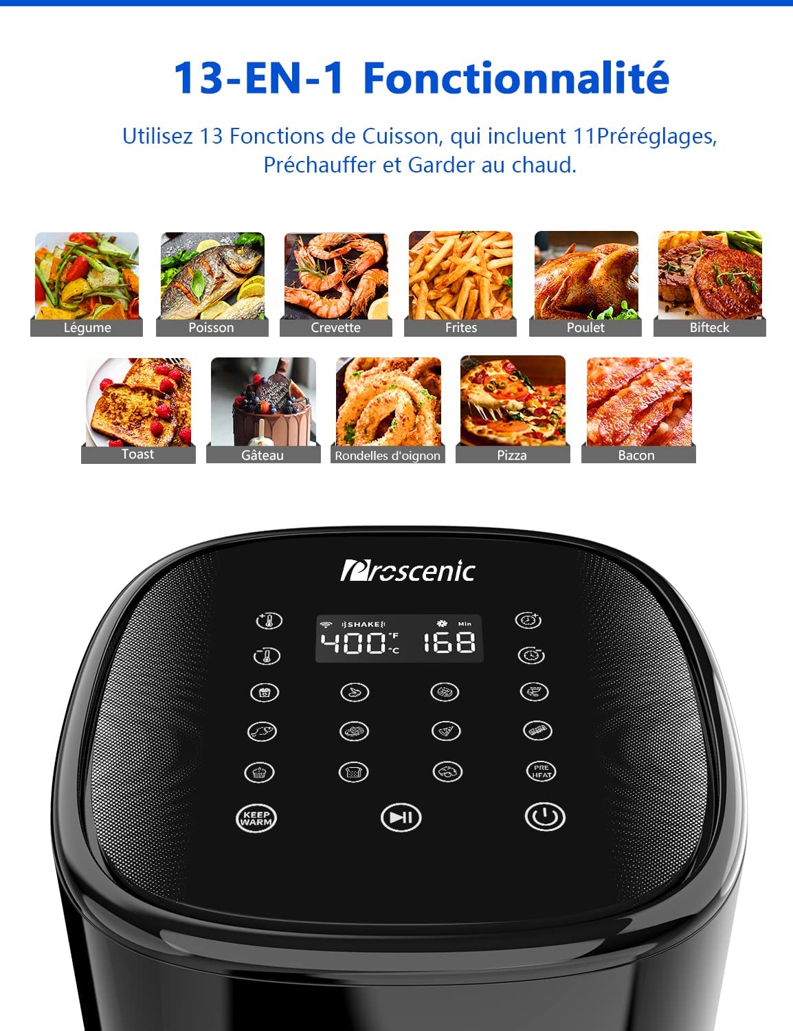 Cuisson dans le Proscenic T22 noir, panier carré rempli d'aliments variés, écran LED tactile affichant l'un des onze programmes