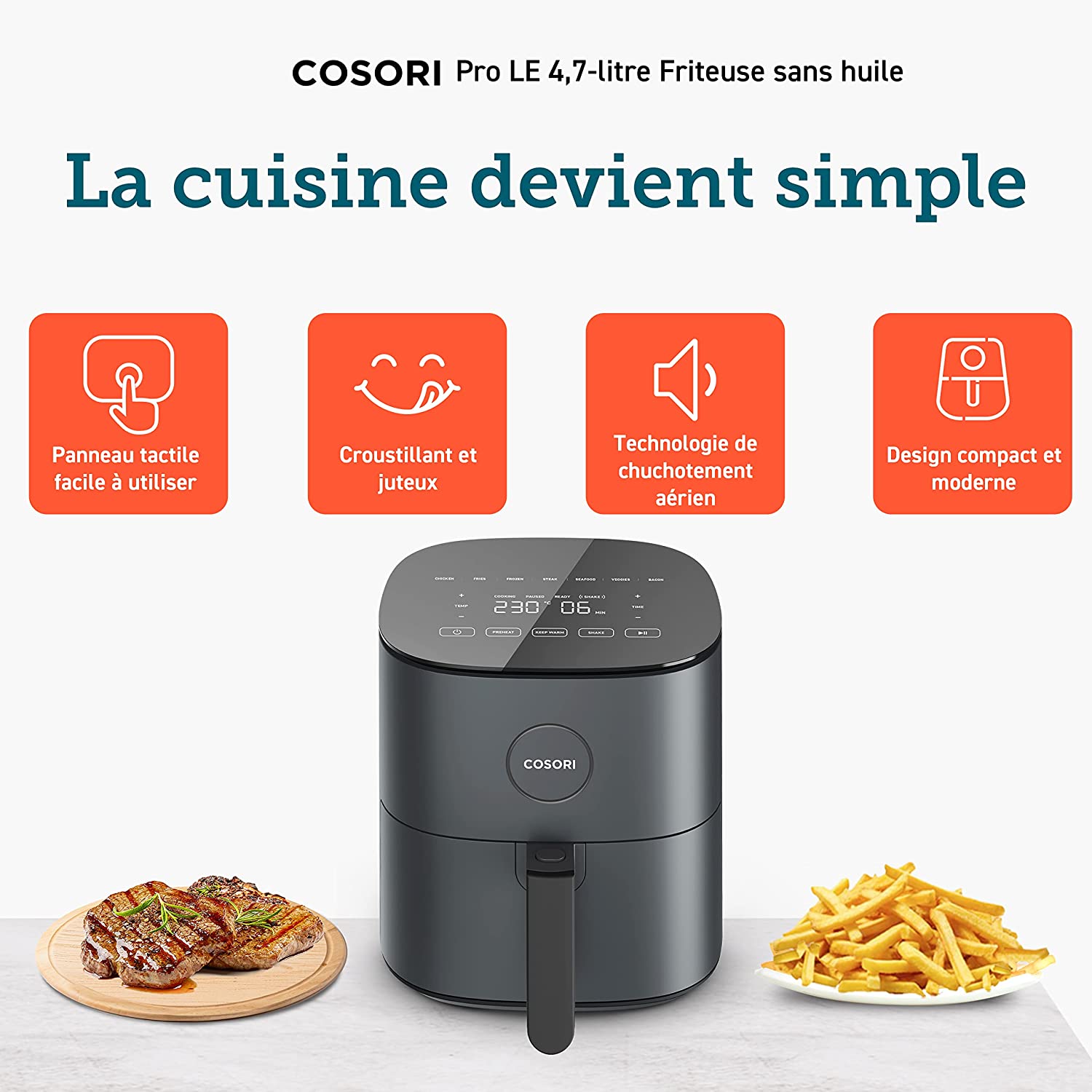Cosori CAF-L501 Pro LE 4,7 litres gris, présentation du panneau tactile, de la technologie silencieuse et du design compact