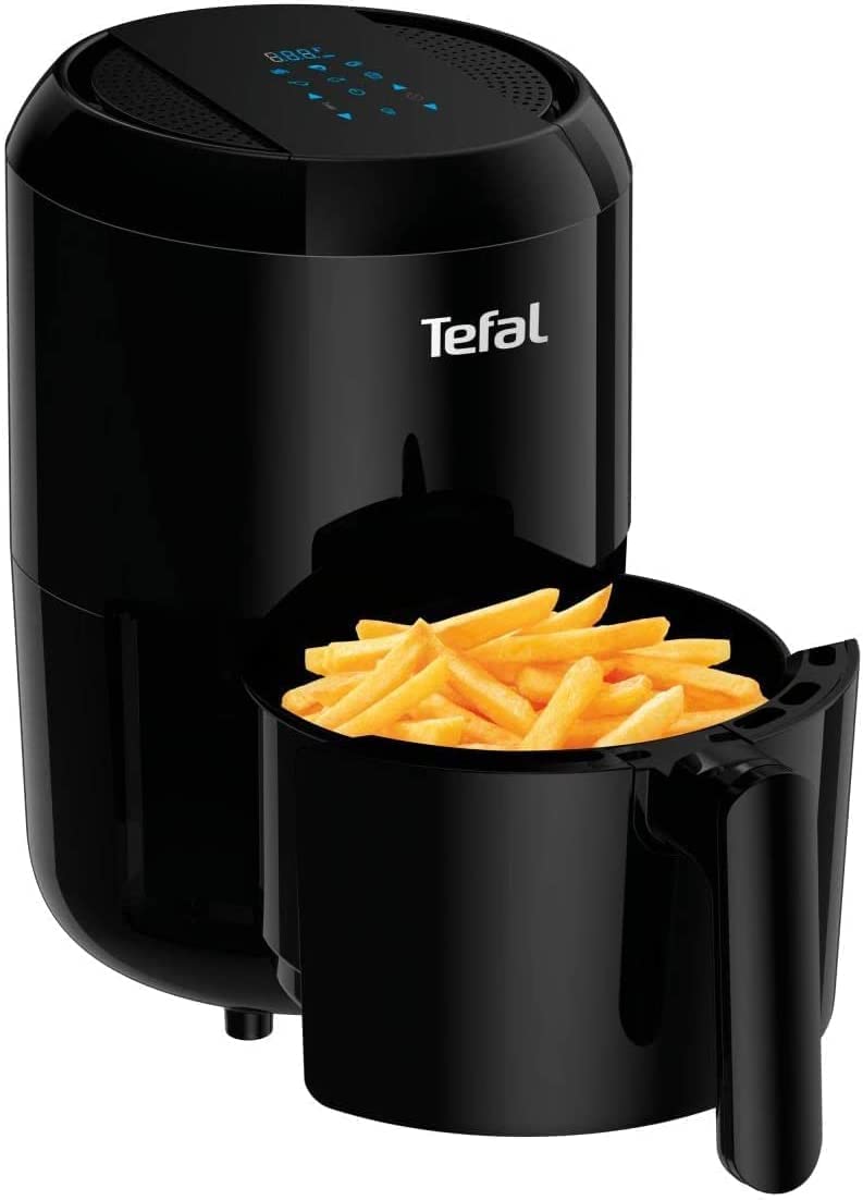 Tefal Easy Fry Compact Digital EY3018 noir de forme ronde sur fond blanc, tiroir avec poignée et logo Tefal, écran tactile visible sur le dessus