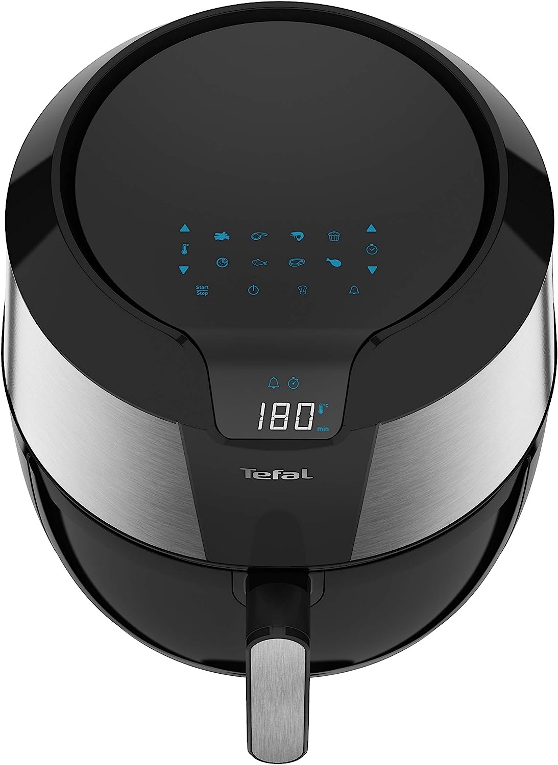 Vue de dessus du Tefal Easy Fry XXL EY701D, bandeau tactile aux huit icônes de programmes bleues et affichage numérique de 180 °C