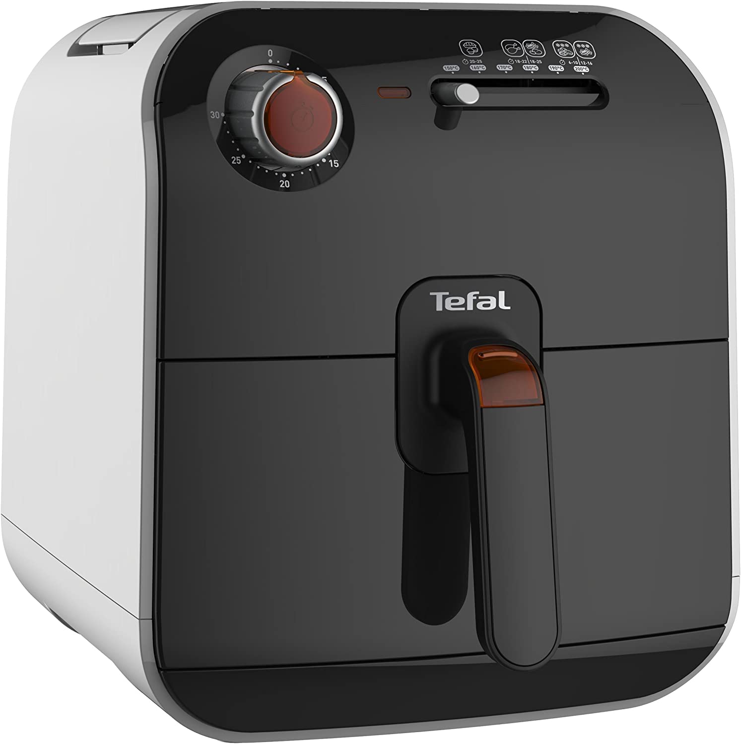 Airfryer Tefal Fry Delight FX100015 blanc et noir vu de trois quarts, gros cadran minuterie mécanique gradué de 0 à 30 minutes et repères de cuisson imprimés sur le bandeau
