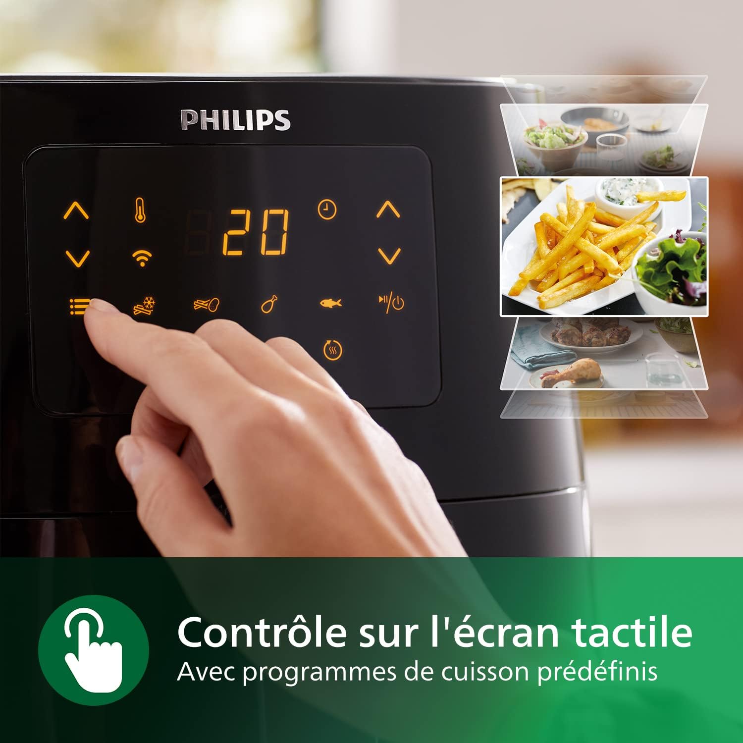 Doigt appuyant sur le bouton Menu de l'écran tactile du Philips Airfryer XL HD9280/90, avec une assiette de frites dorées présentée à droite