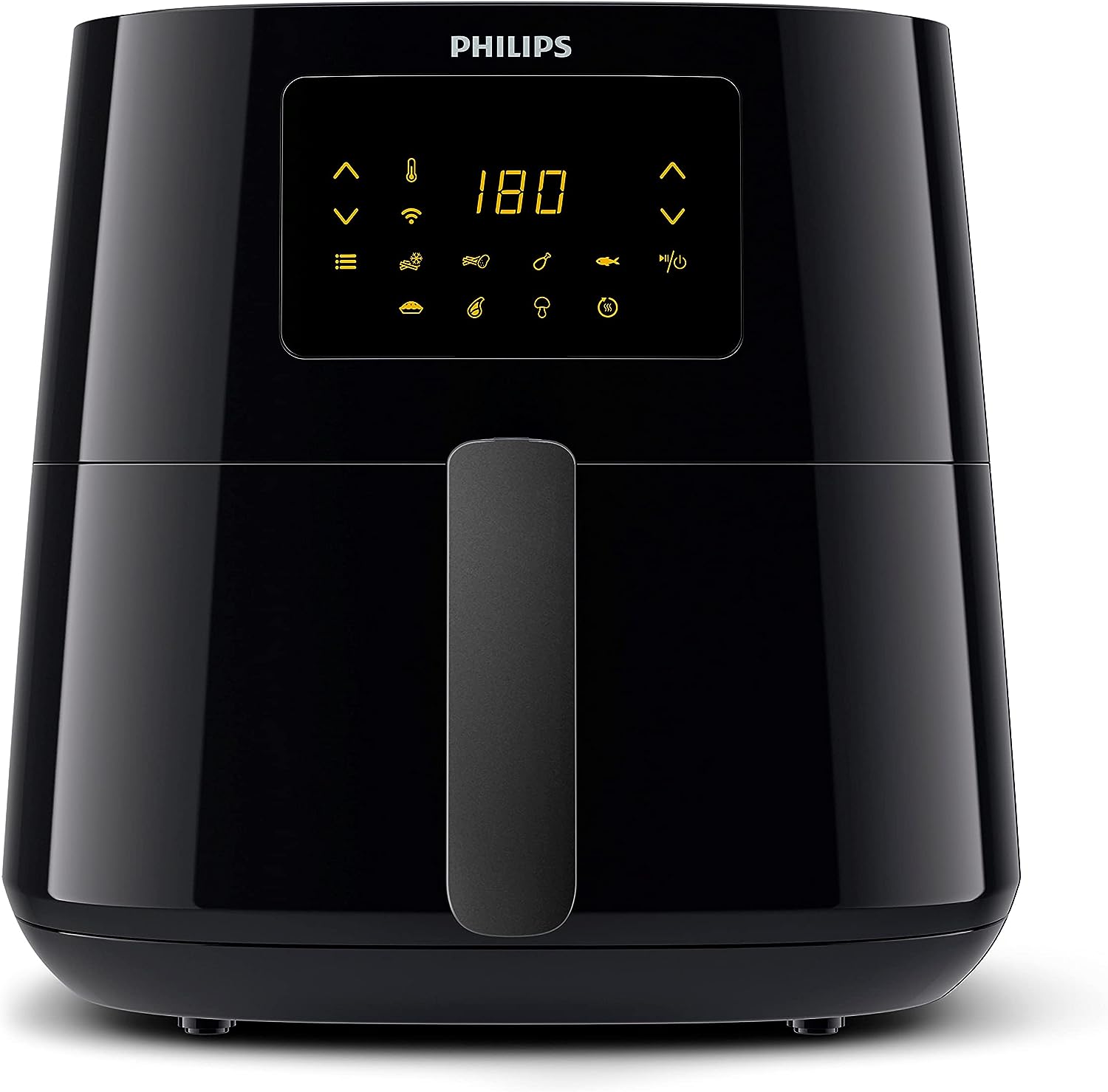 Philips Airfryer XL HD9280/90 noire vue de face, écran tactile orange affichant 180, icône Wi-Fi et sept icônes de présélections sous l'afficheur
