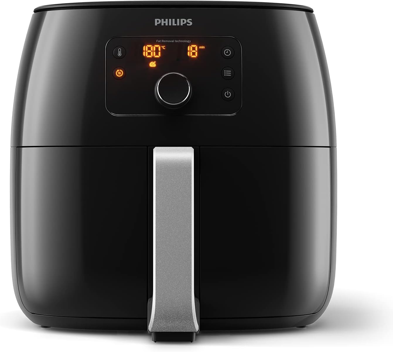 Philips Airfryer XXL HD9650/90 noire vue de face, bandeau portant la mention Fat Removal technology, affichage 180 °C et 18 minutes autour d'une molette centrale