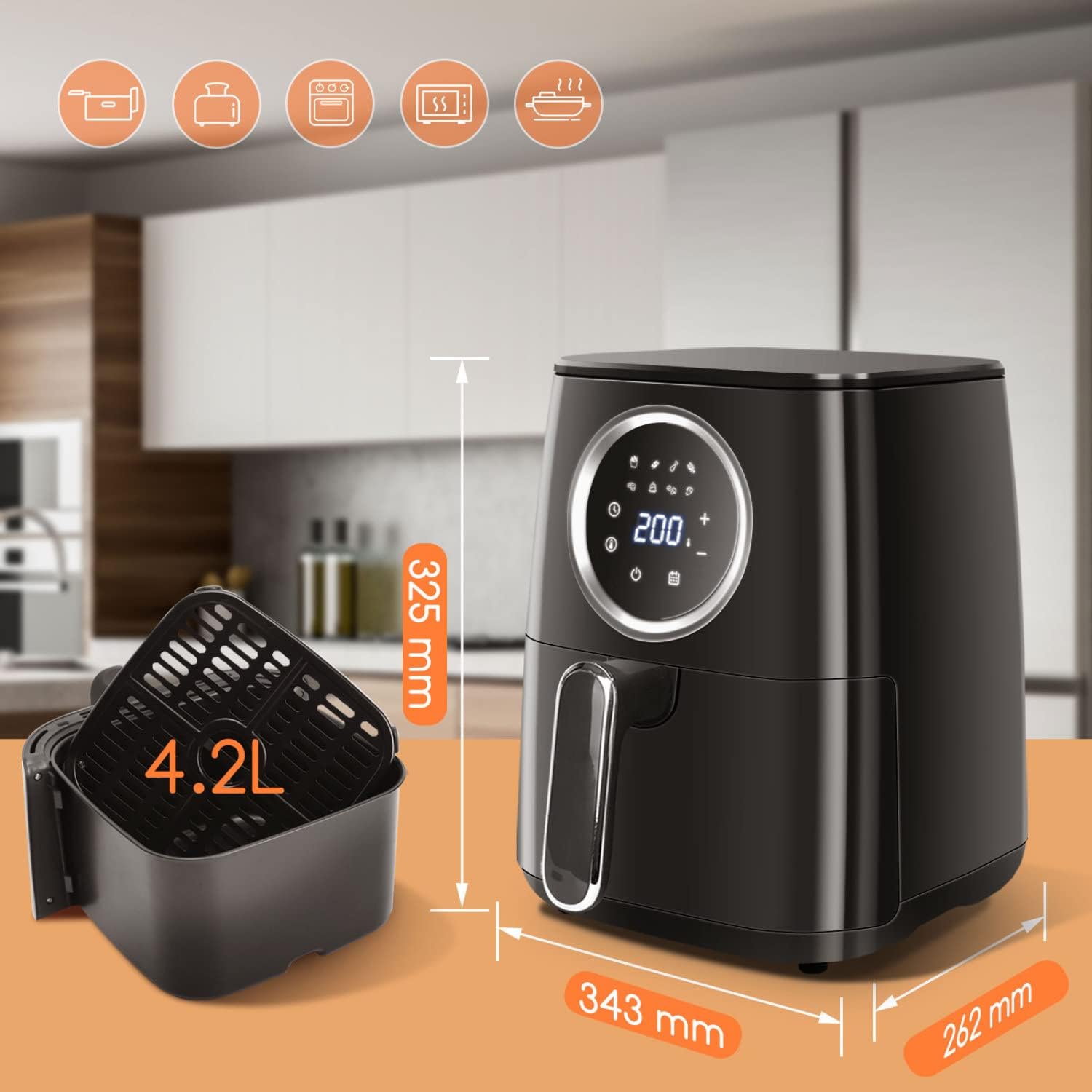 Infographie Aigostar Odin sur ses dimensions : 343 mm de profondeur, 262 mm de largeur, 325 mm de hauteur, et un panier carré de 4,2 L