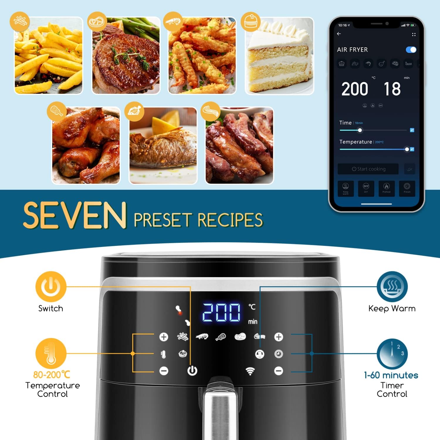 Application de pilotage de l'Aigostar Smart Cube sur smartphone, curseurs de temps et de température, bouton Start cooking, sept recettes préréglées illustrées