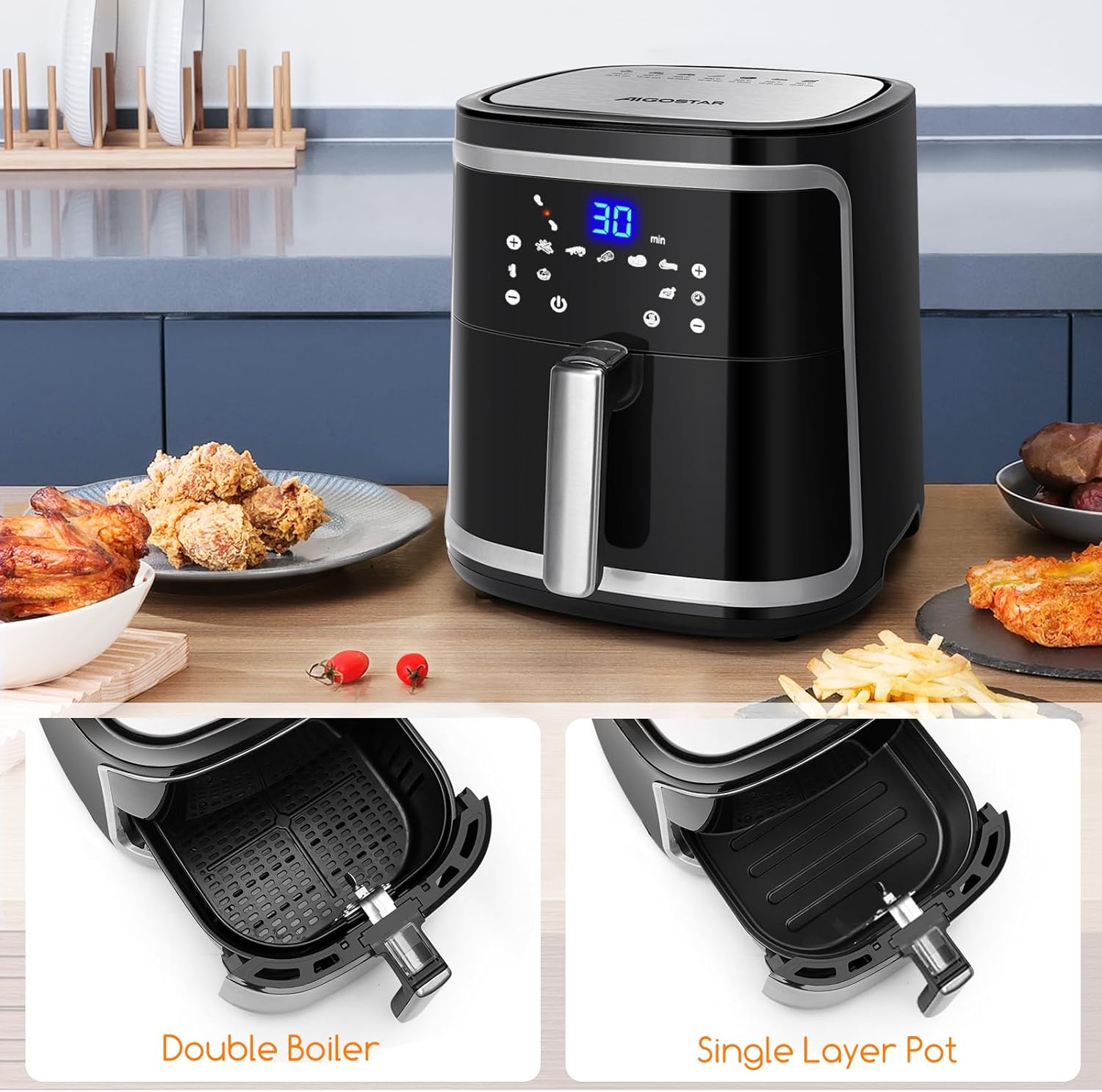 Aigostar Cube noir et inox avec écran tactile, et ses deux accessoires : le séparateur double compartiment et la plaque pleine simple couche