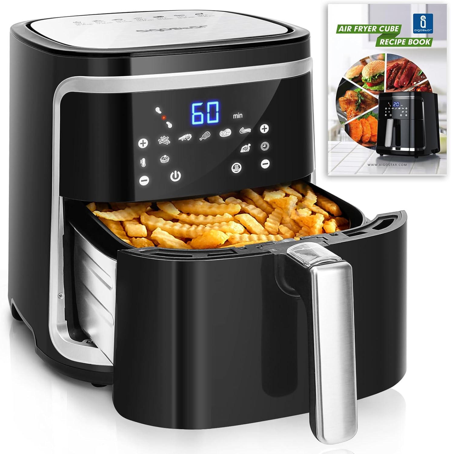 Aigostar Cube noir et inox sur fond blanc, tiroir ouvert rempli de frites dorées, écran tactile affichant 60 minutes, livre de recettes Air Fryer Cube à côté