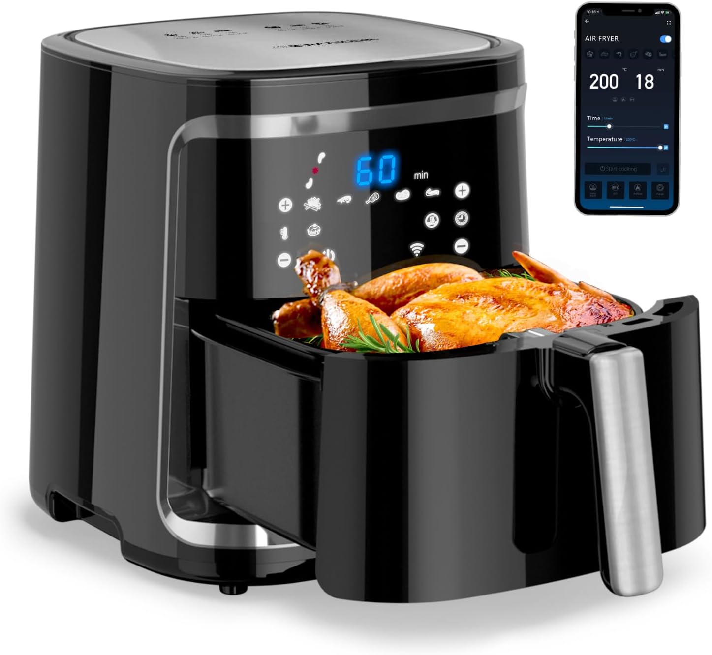 Aigostar Smart Cube noir et inox sur fond blanc, écran tactile avec icône Wi-Fi, tiroir ouvert sur un poulet rôti entier, application de pilotage sur un smartphone