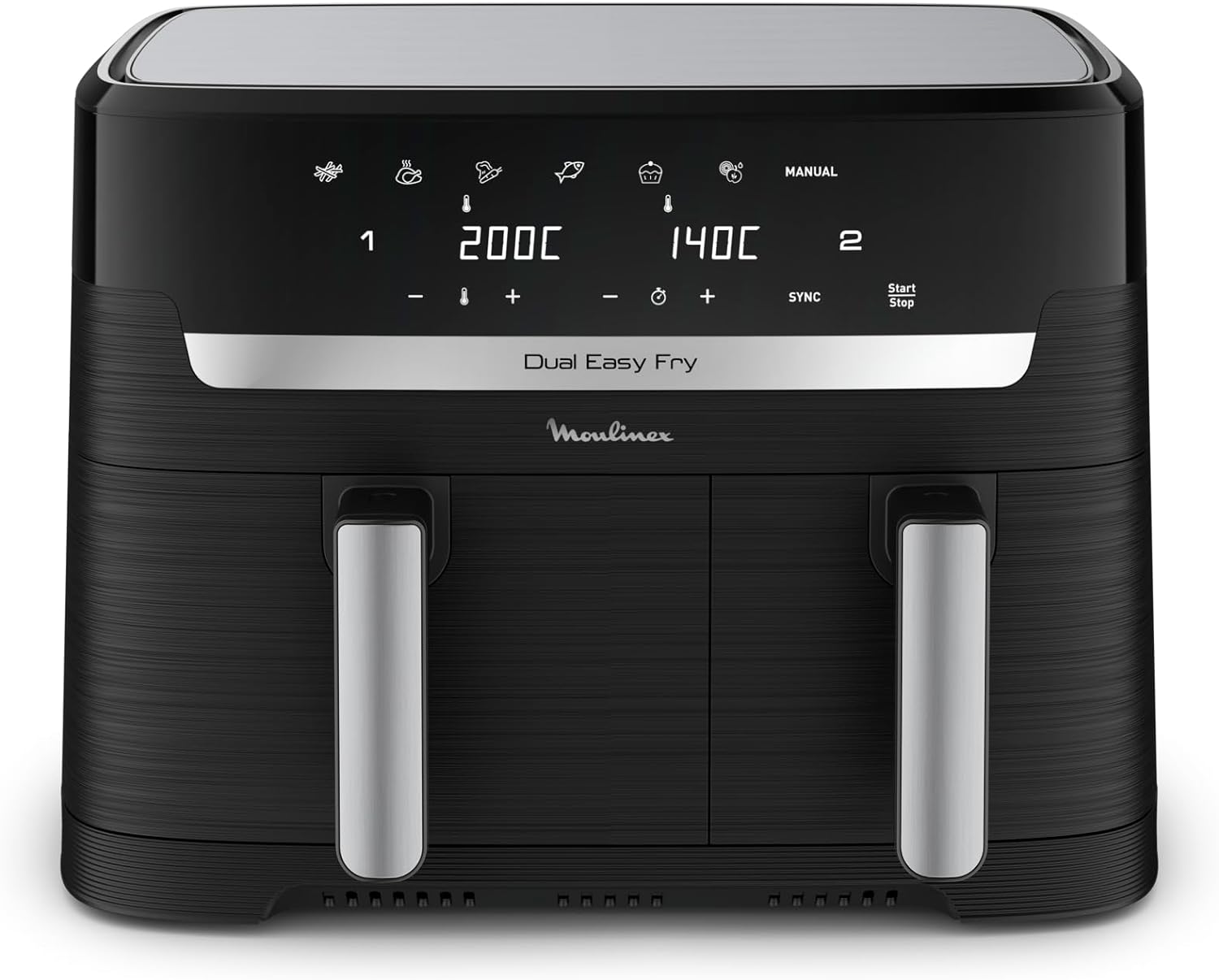 Moulinex Easy Fry Dual EZ901820 posé sur un plan de travail, ses deux tiroirs fermés et son bandeau tactile éteint vus de face