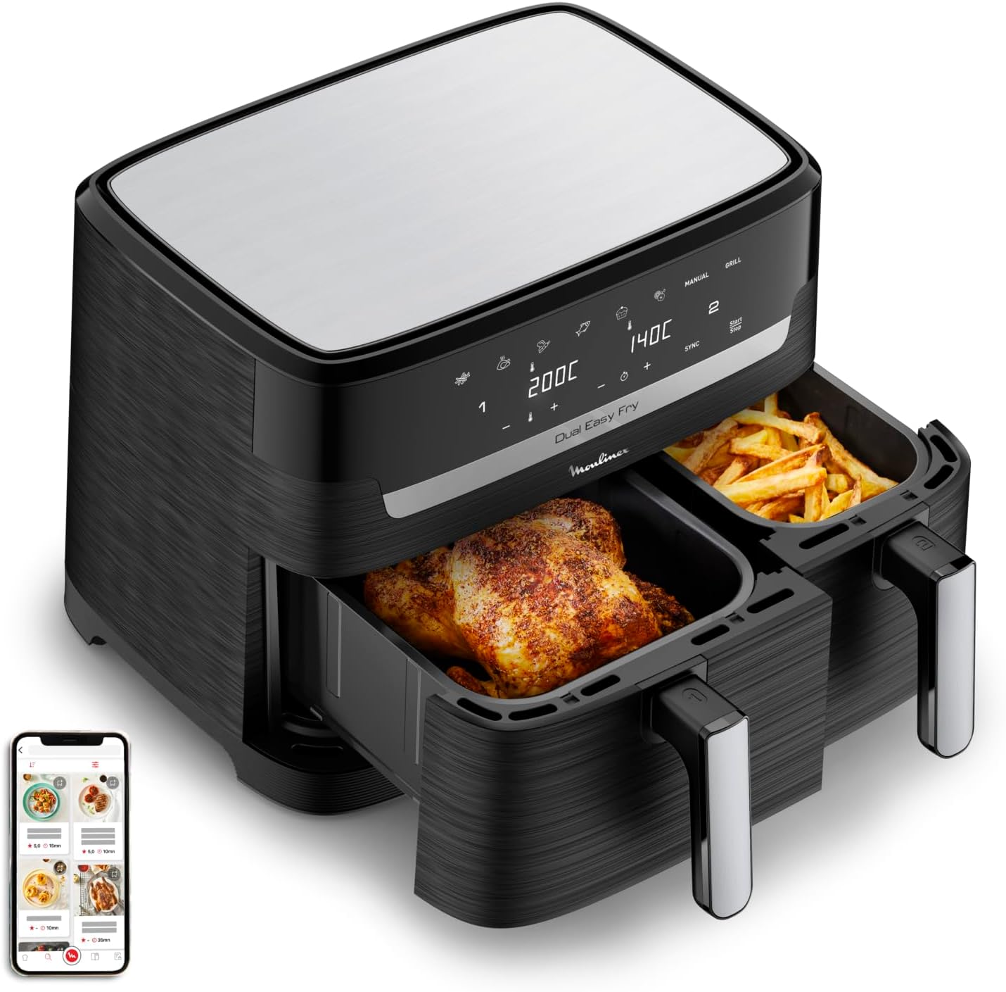 Moulinex Easy Fry Dual EZ901820 noir à deux tiroirs ouverts, un poulet rôti dans le grand compartiment et des frites dans le petit, bandeau tactile affichant 200C et 140C
