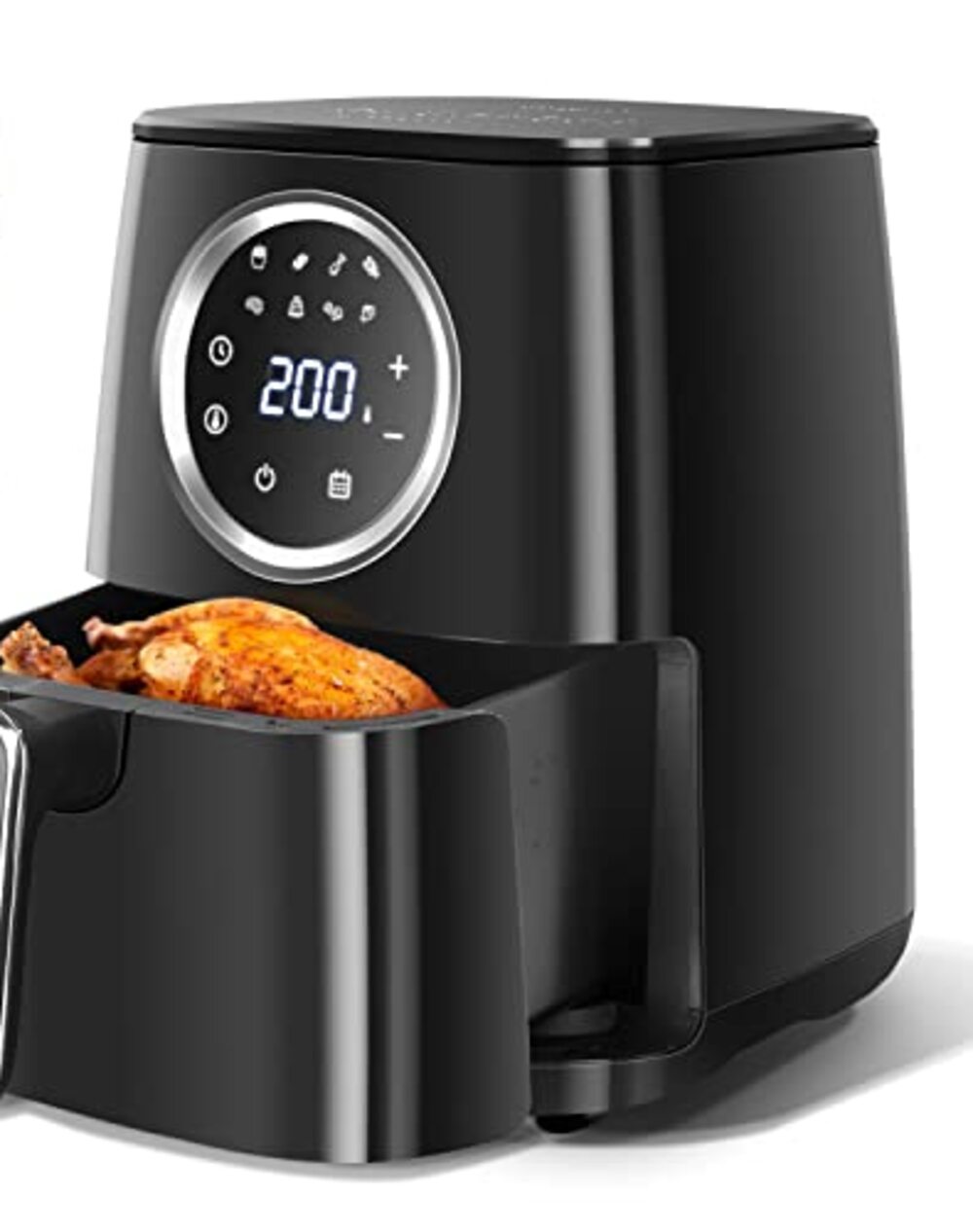 Airfryer Aigostar Odin noir vu de trois quarts, molette de commande ronde tactile affichant 200, tiroir ouvert sur un poulet doré