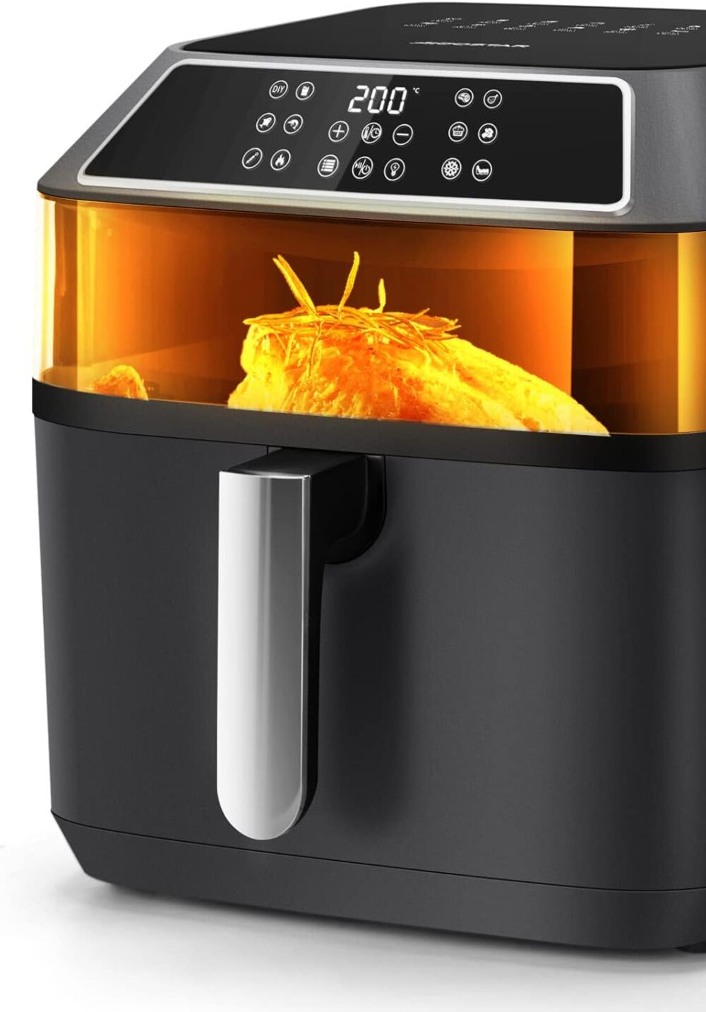 Airfryer Aigostar Zane noir XXL, hublot orange éclairé laissant voir un poulet doré cuire à l'intérieur, écran tactile affichant 200 °C sur le dessus
