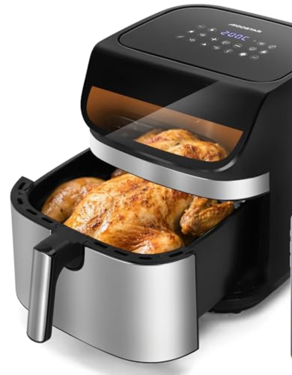Aigostar Zane tiroir ouvert sur un poulet entier doré, hublot teinté et bandeau tactile affichant 200 °C visibles au-dessus