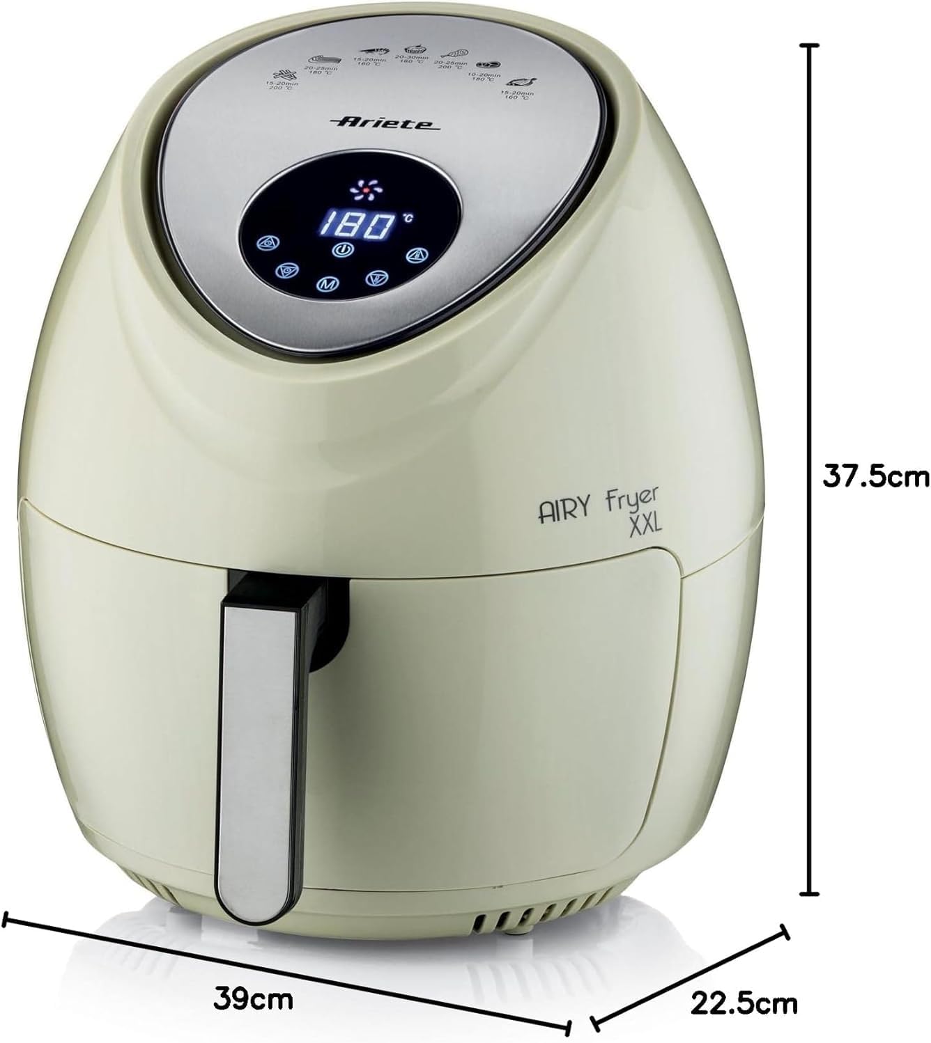 Schéma coté de l'Ariete Airy Fryer XXL 4618 annonçant 39 cm de largeur, 22,5 cm de profondeur et 37,5 cm de hauteur