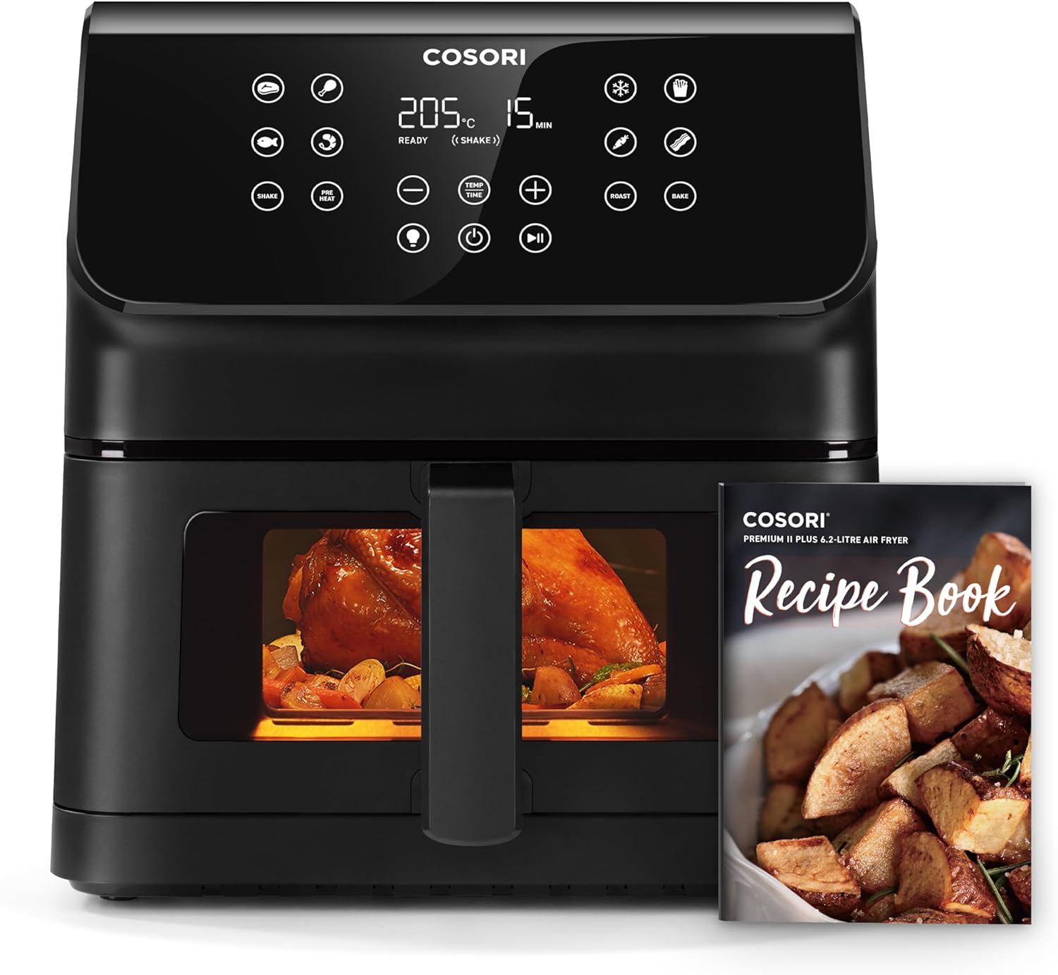 Airfryer Cosori 6,2 L noir vu de face, son bandeau tactile affichant 205 degrés et sa fenêtre éclairée laissant voir un poulet rôti dans le panier