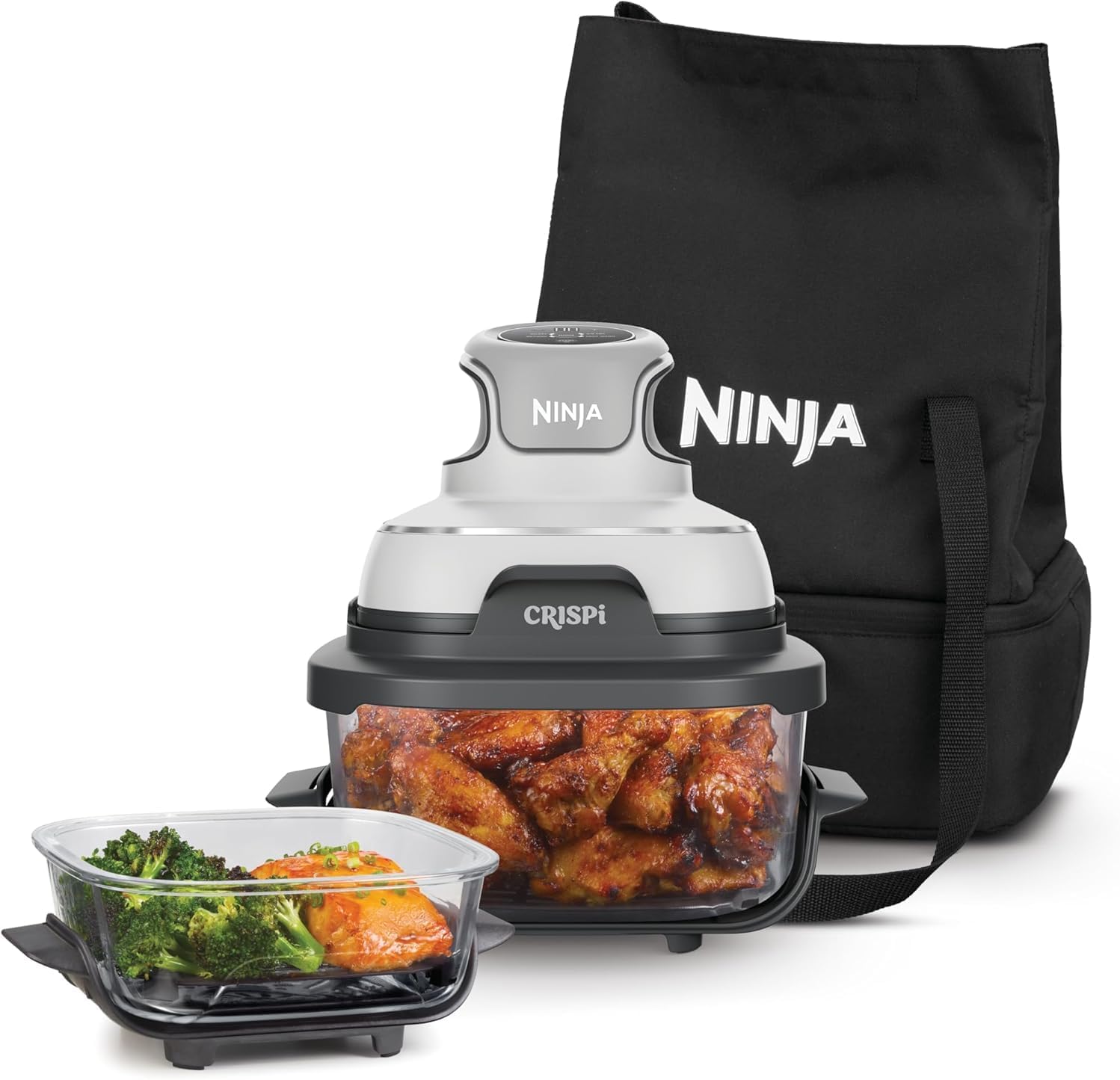 Ninja CRISPi couleur pierre, son PowerPod posé sur le grand bol en verre rempli d'ailes de poulet, le petit bol et un sac de transport à côté