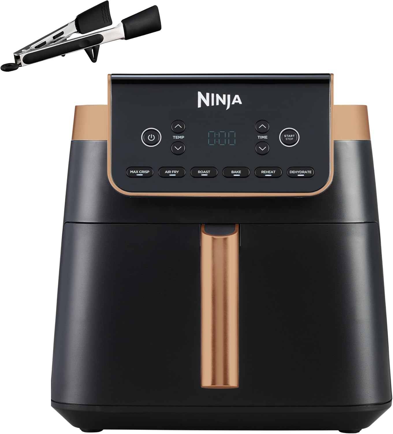 Airfryer Ninja MAX PRO AF180EU noir et cuivre sur fond blanc, ses six touches Max Crisp, Air Fry, Roast, Bake, Reheat et Dehydrate alignées sous l'écran, avec les pinces en silicone fournies