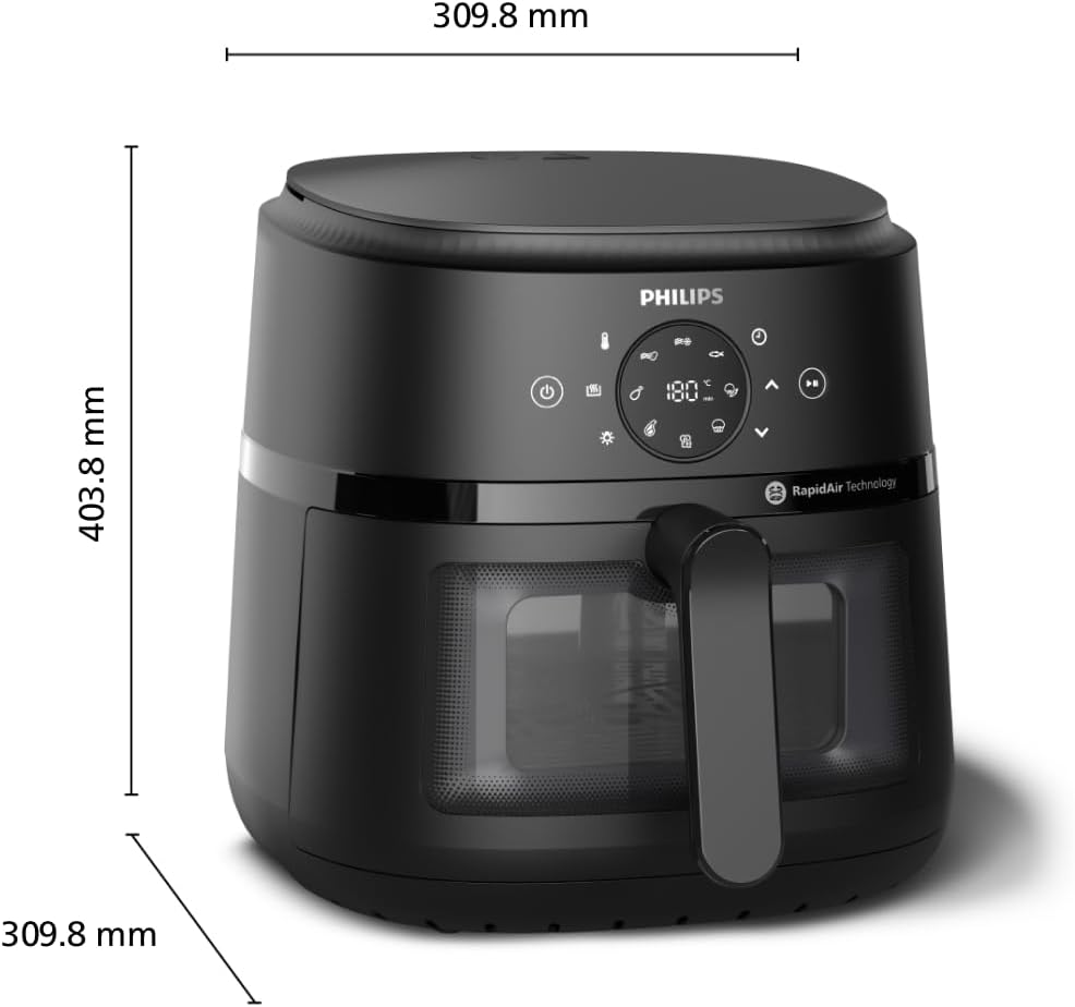 Schéma coté du Philips Airfryer 2000 NA230 annonçant 309,8 mm de largeur, 309,8 mm de profondeur et 403,8 mm de hauteur