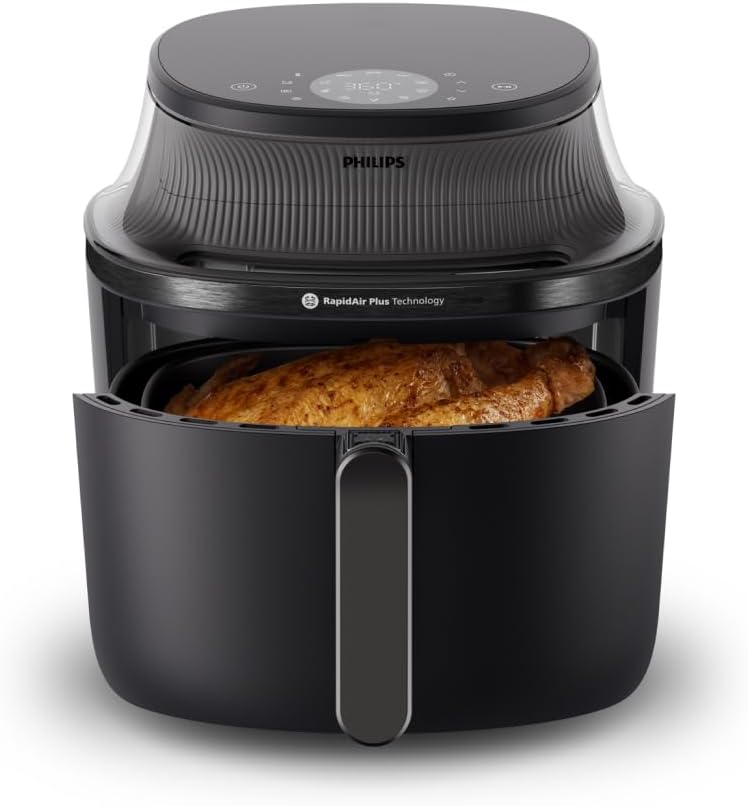 Philips Airfryer 3000 NA320 noir vu de face, tiroir ouvert sur un poulet doré, écran tactile allumé et fenêtre de cuisson éclairée