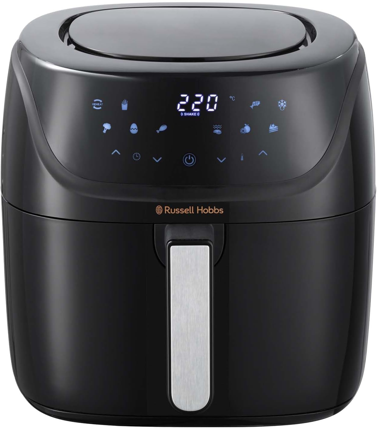 Airfryer Russell Hobbs SatisFry 27160-56 noir de 4 litres vu de face sur fond blanc, avec son écran tactile numérique et la poignée de son panier