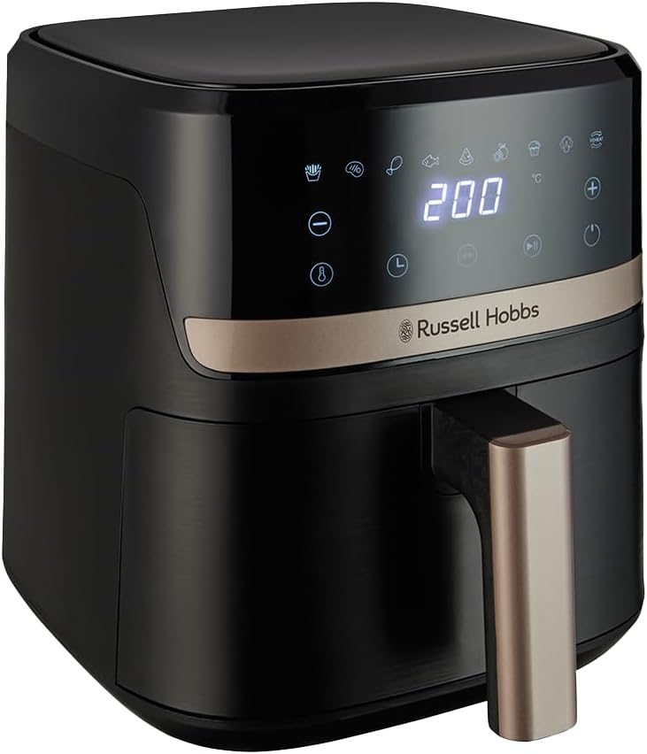 Airfryer Russell Hobbs SatisFry 27610-56 noir aux finitions champagne, vu de trois quarts, son bandeau tactile affichant 200 degrés au-dessus des neuf pictogrammes