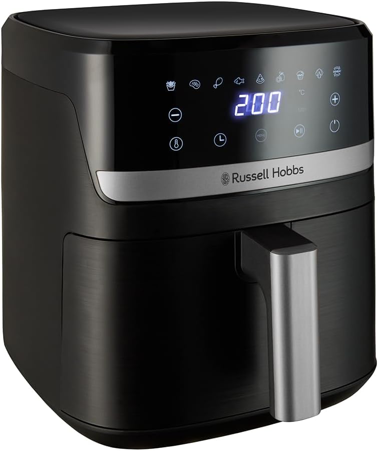 Airfryer Russell Hobbs SatisFry Air 27621-56 noir vu de trois quarts sur fond blanc, bandeau tactile bleu affichant 200 °C et poignée inox du tiroir