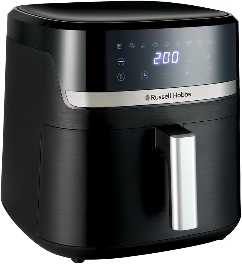 Airfryer Russell Hobbs SatisFry Air XXL noir vu de trois quarts, bandeau tactile affichant 200, poignée inox sur le panier carré