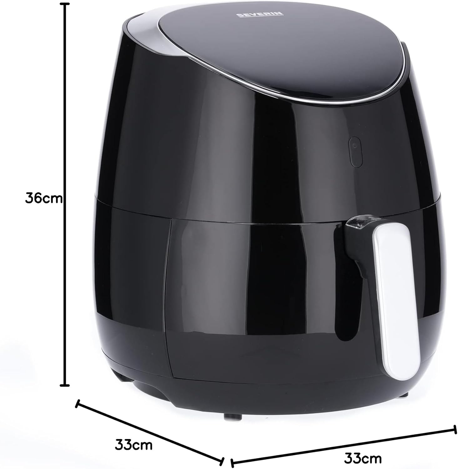 Schéma coté du Severin FR 2445 annonçant 33 cm de largeur, 33 cm de profondeur et 36 cm de hauteur