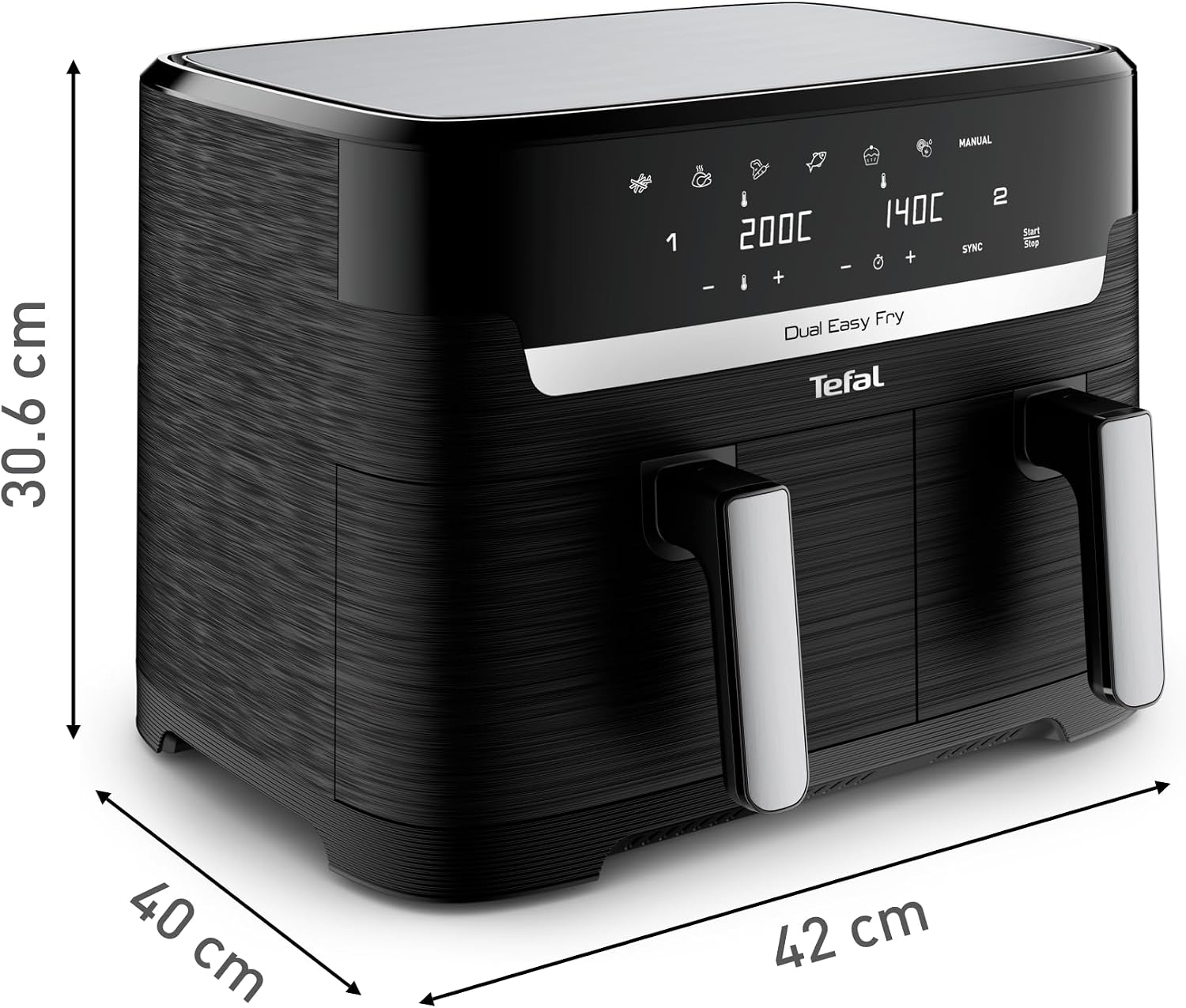 Schéma coté du Tefal Dual Easy Fry EY901810 vu de trois quarts, annonçant 42 cm de largeur, 40 cm de profondeur et 30,6 cm de hauteur