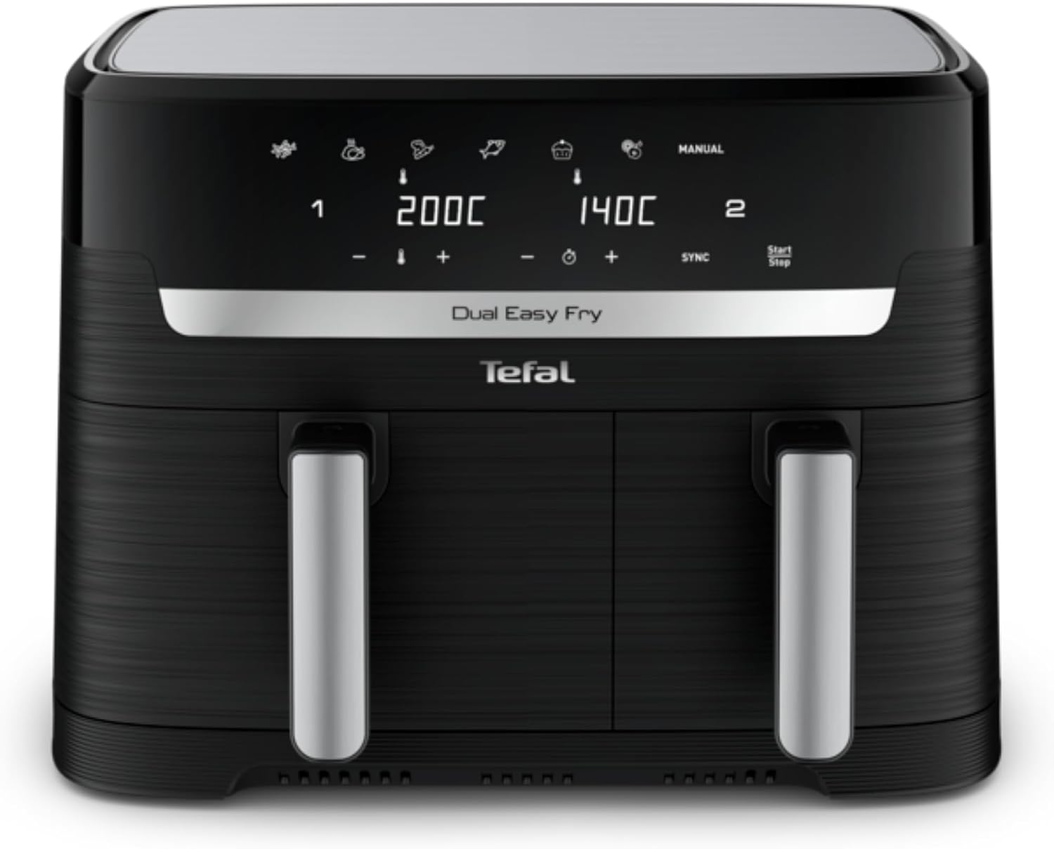 Airfryer Tefal Dual Easy Fry EY901810 noir vu de face, ses deux tiroirs fermés et son bandeau tactile affichant 200C et 140C au-dessus de six pictogrammes de programmes