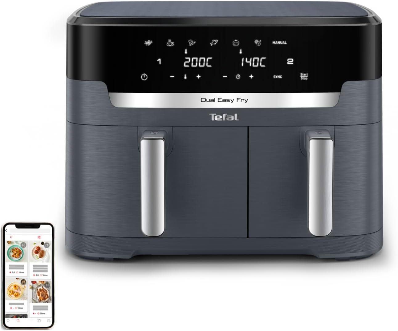 Airfryer Tefal Dual Easy Fry XXL gris vu de face, ses deux cuves fermées sous un bandeau tactile affichant 200 et 140 degrés
