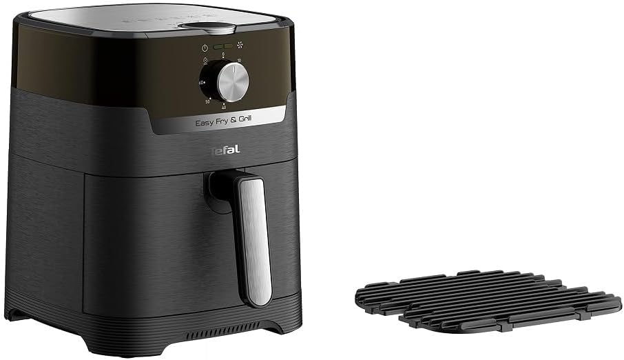 Tefal EY5018 Easy Fry & Grill noir à molette avec sa plaque grill en fonte d'aluminium posée à côté, nervures apparentes