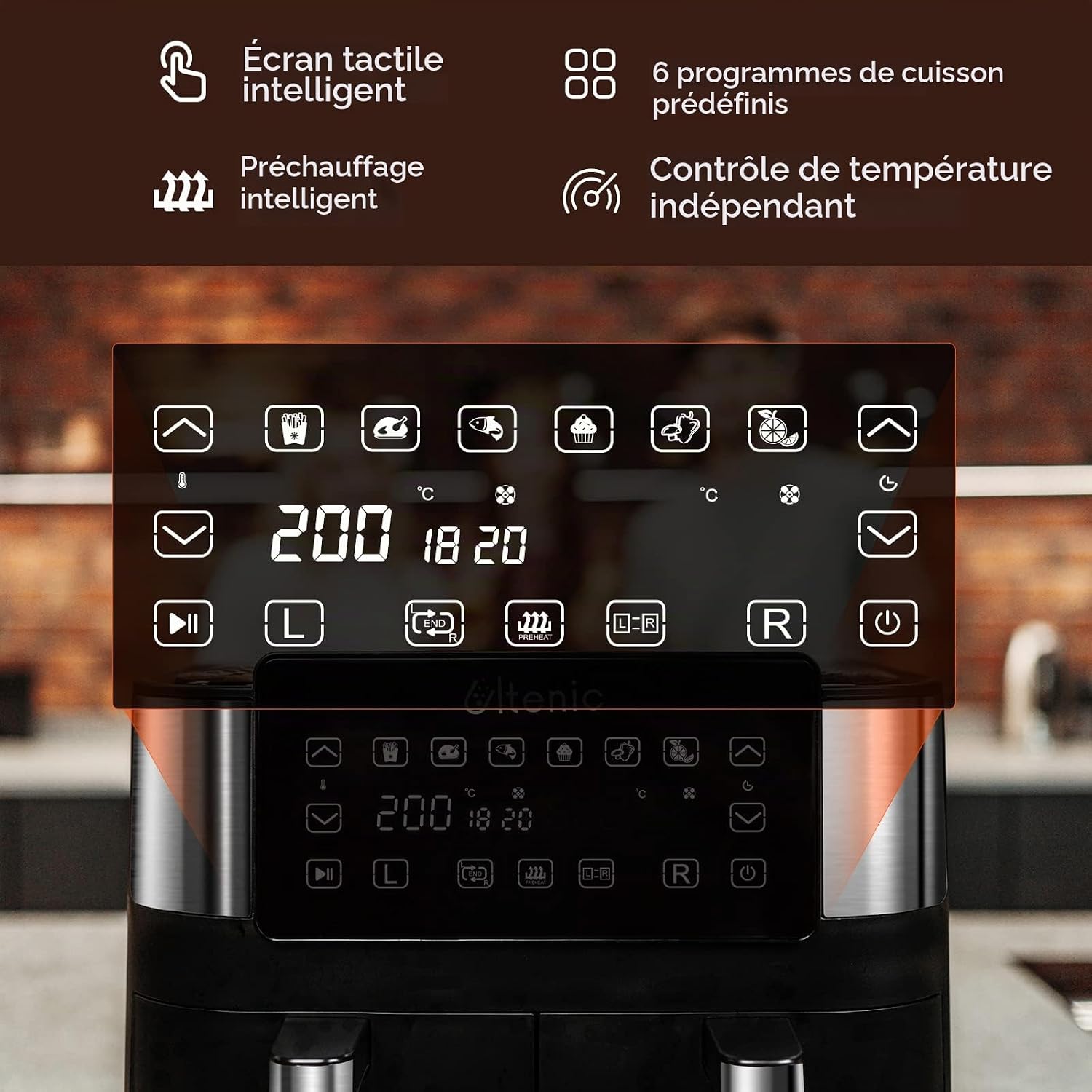Bandeau tactile du K20 détaillé par Ultenic, avec ses six programmes, le préchauffage et le contrôle de température indépendant par zone