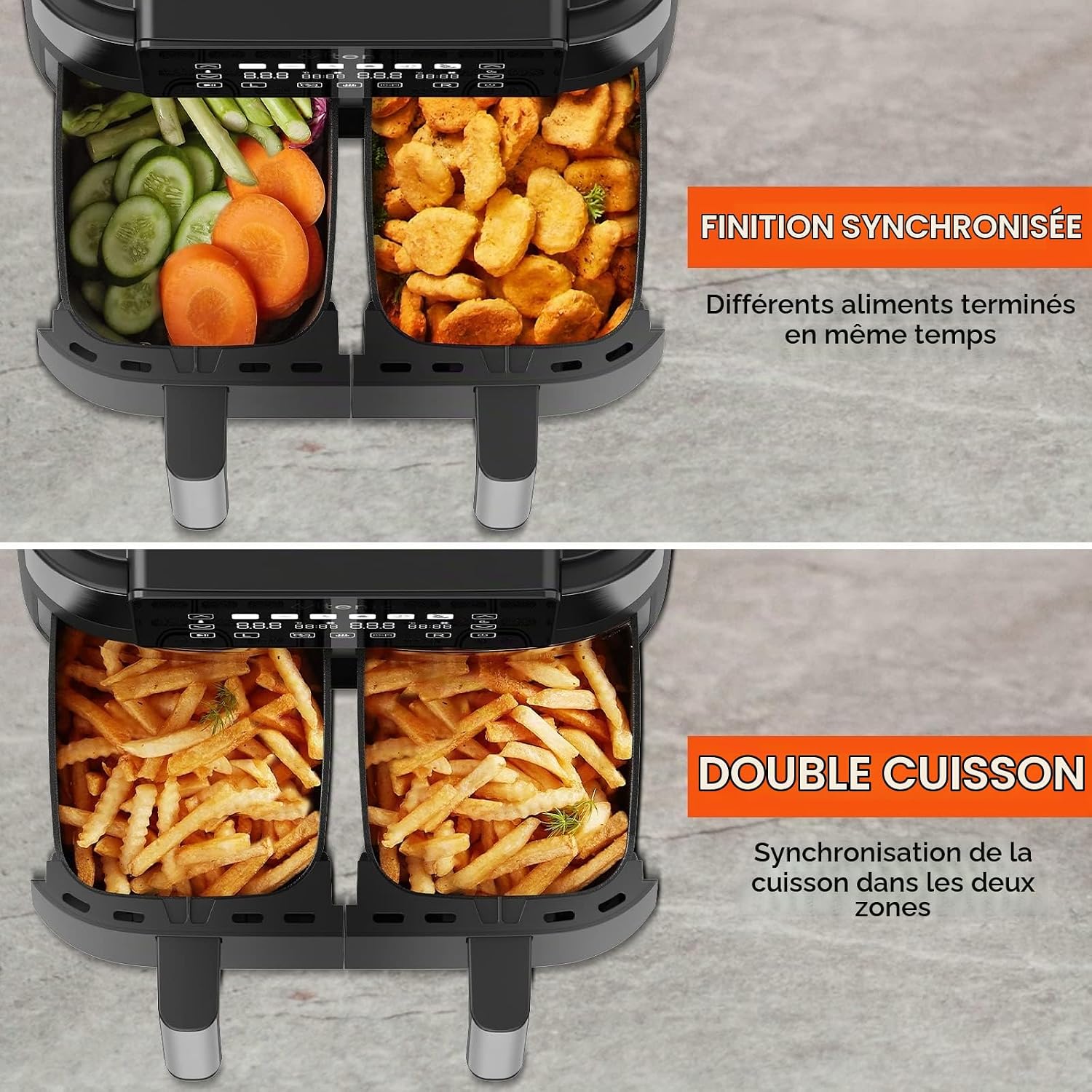 Visuel Ultenic montrant les deux tiroirs ouverts du K20, légumes crus d'un côté et nuggets dorés de l'autre, sous la mention finition synchronisée