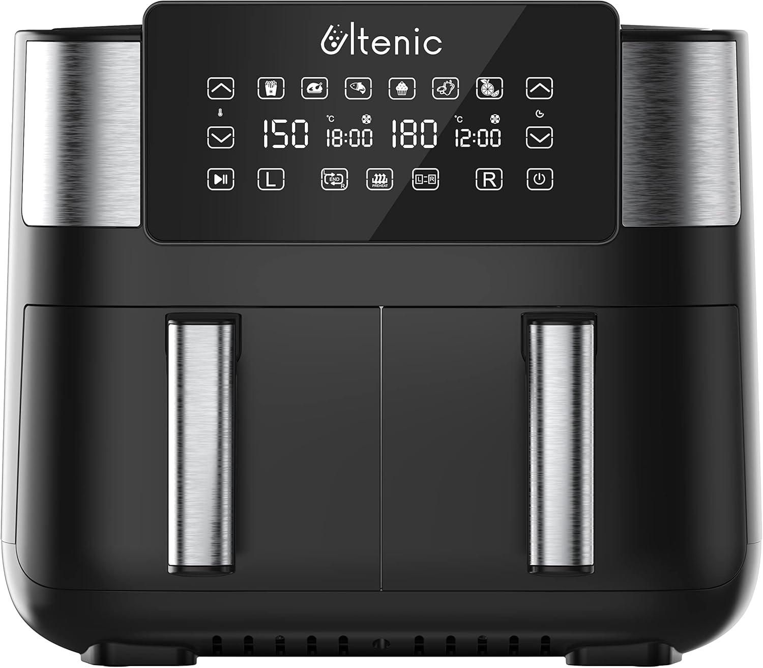 Airfryer Ultenic K20 noir vu de face, ses deux tiroirs fermés sous un bandeau tactile qui affiche 150 et 180 degrés