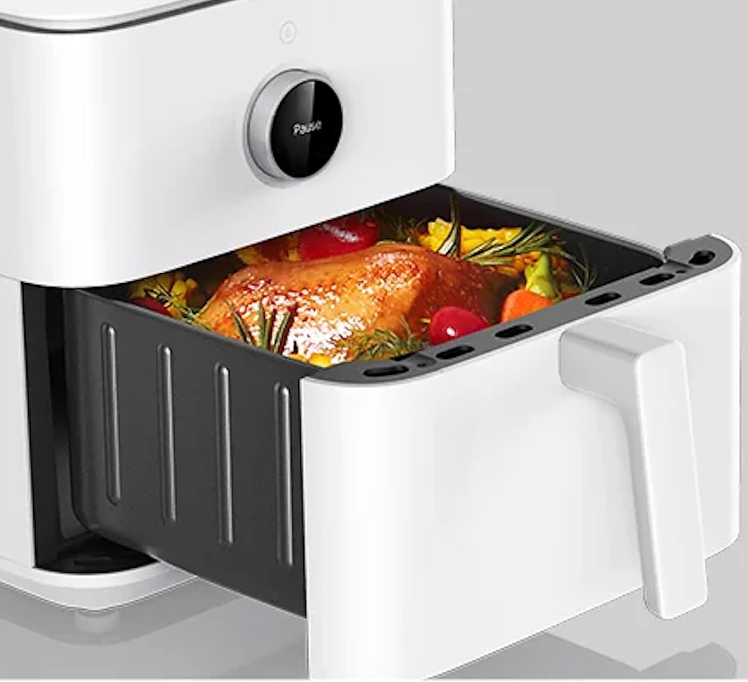 Tiroir ouvert du Xiaomi Smart Air Fryer Pro 4 L montrant un poulet rôti entouré de légumes, sous l'écran OLED en pause