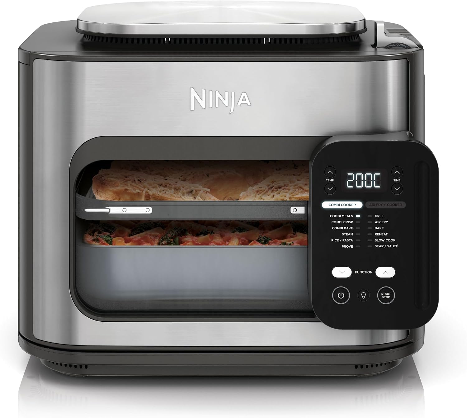 Ninja Combi SFP700EU gris vu de face, porte à vitre d'observation laissant voir un repas à deux niveaux, bandeau tactile des 12 fonctions à droite