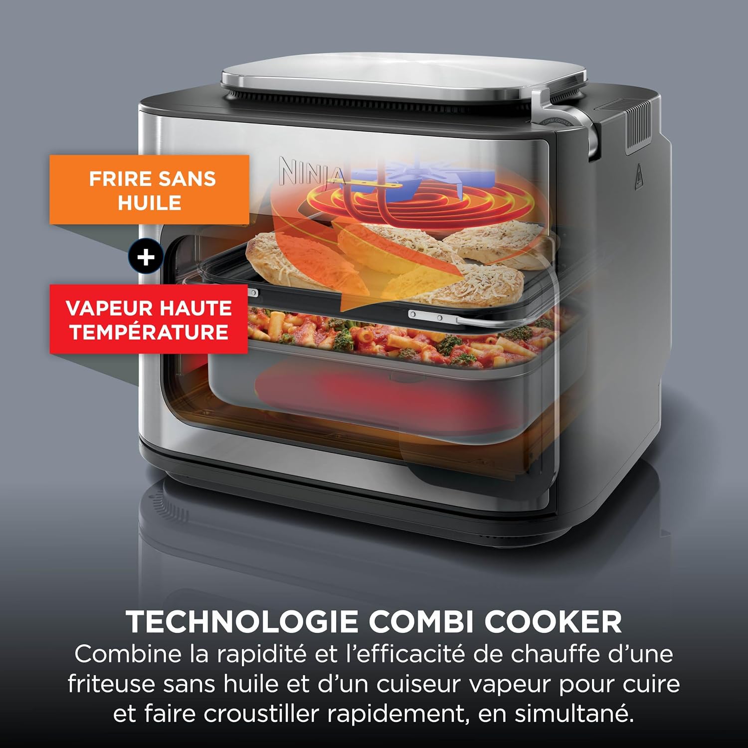Vue en coupe du Ninja Combi combinant la friture sans huile en haut et la vapeur haute température en bas, un poulet et des pâtes en cours de cuisson sur deux niveaux