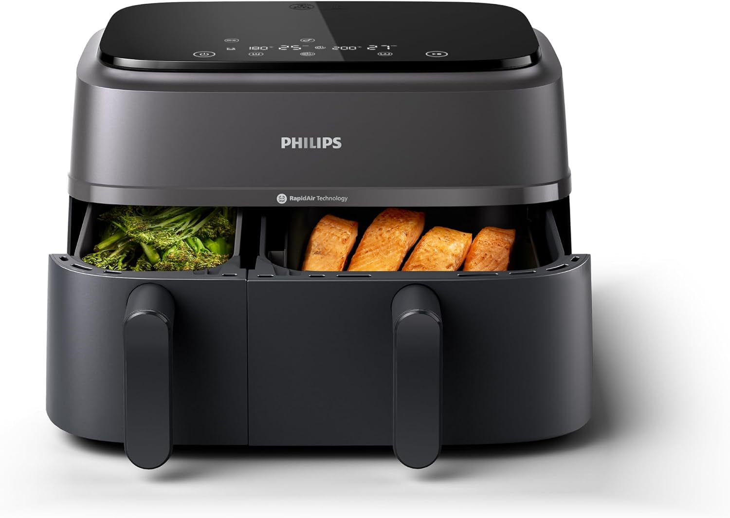 Philips Airfryer 3000 NA350/00 noir vu de face, ses deux tiroirs ouverts sur des brocolis dans le petit panier et du saumon dans le grand, écran tactile allumé