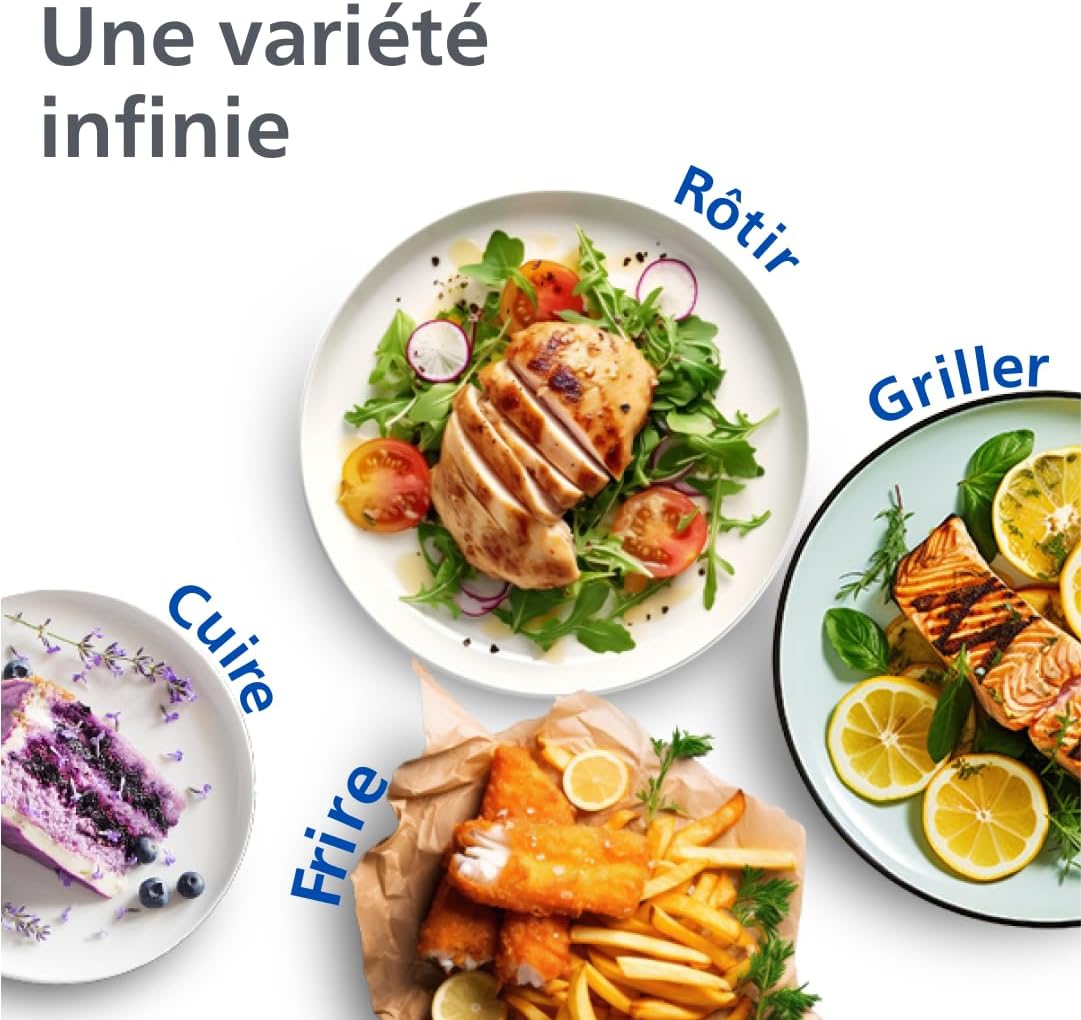 Assiettes préparées au Philips Airfryer 3000, poulet rôti en salade, saumon grillé au citron, poisson pané avec frites et part de gâteau